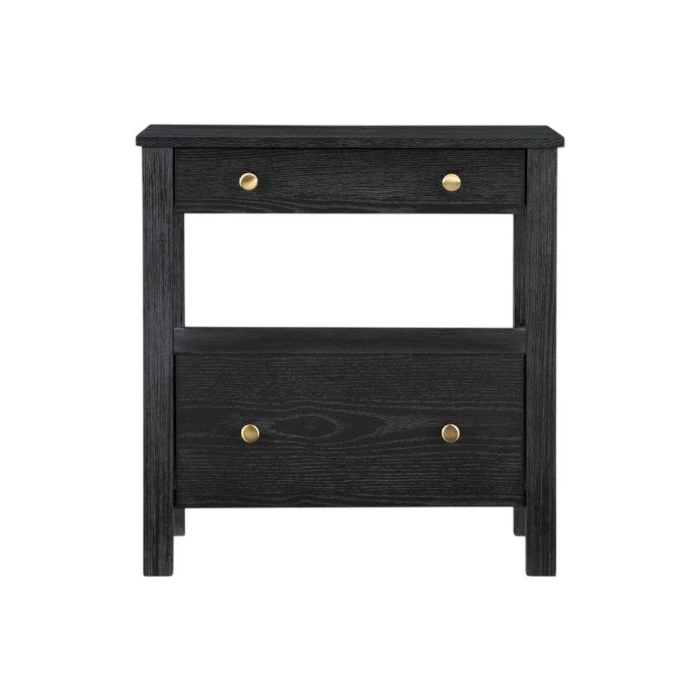 Black Nightstand, 2 Drawers, Modern Design, Sturdy Poplar, Veneer Construction