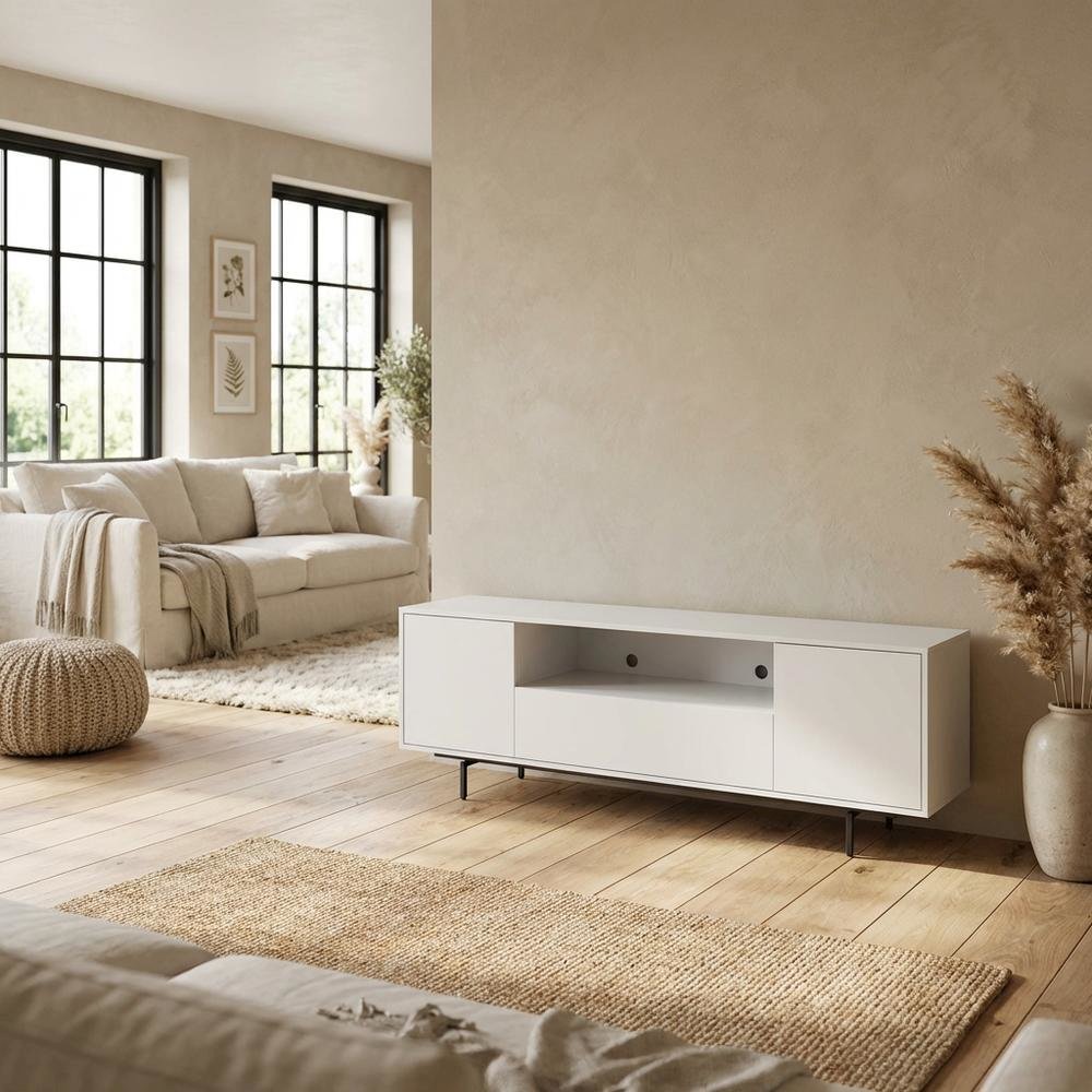 White Laminate TV Console with 3 Doors in Modern Industrial Style
