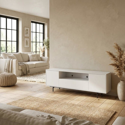 White Laminate TV Console with 3 Doors in Modern Industrial Style