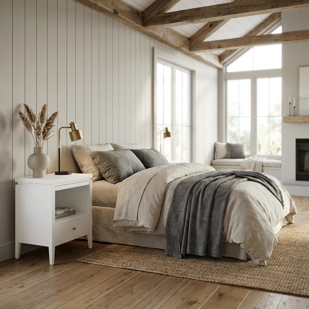 White Bedroom Nightstand, Gold Hardware, Casual, Farmhouse, Transitional Style
