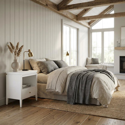 White Bedroom Nightstand, Gold Hardware, Casual, Farmhouse, Transitional Style