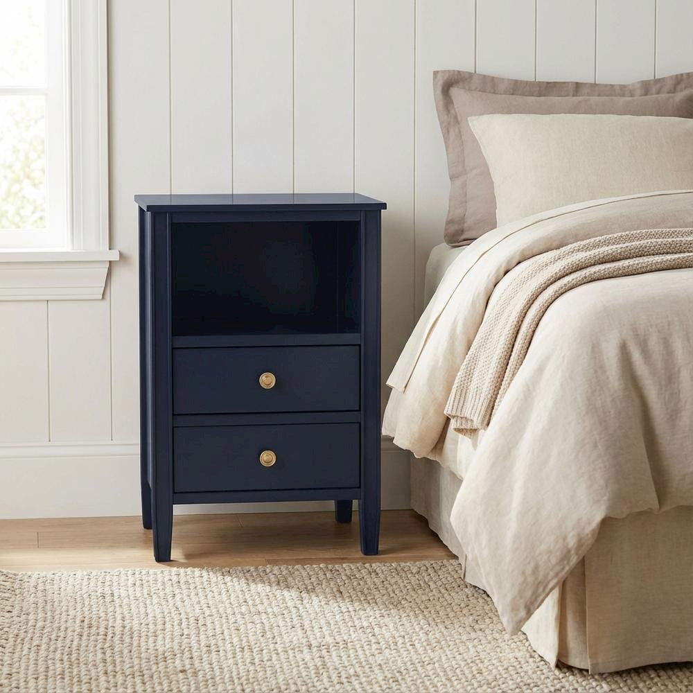 Midnight Blue Storage Nightstand with 2 Drawers and Traditional Style