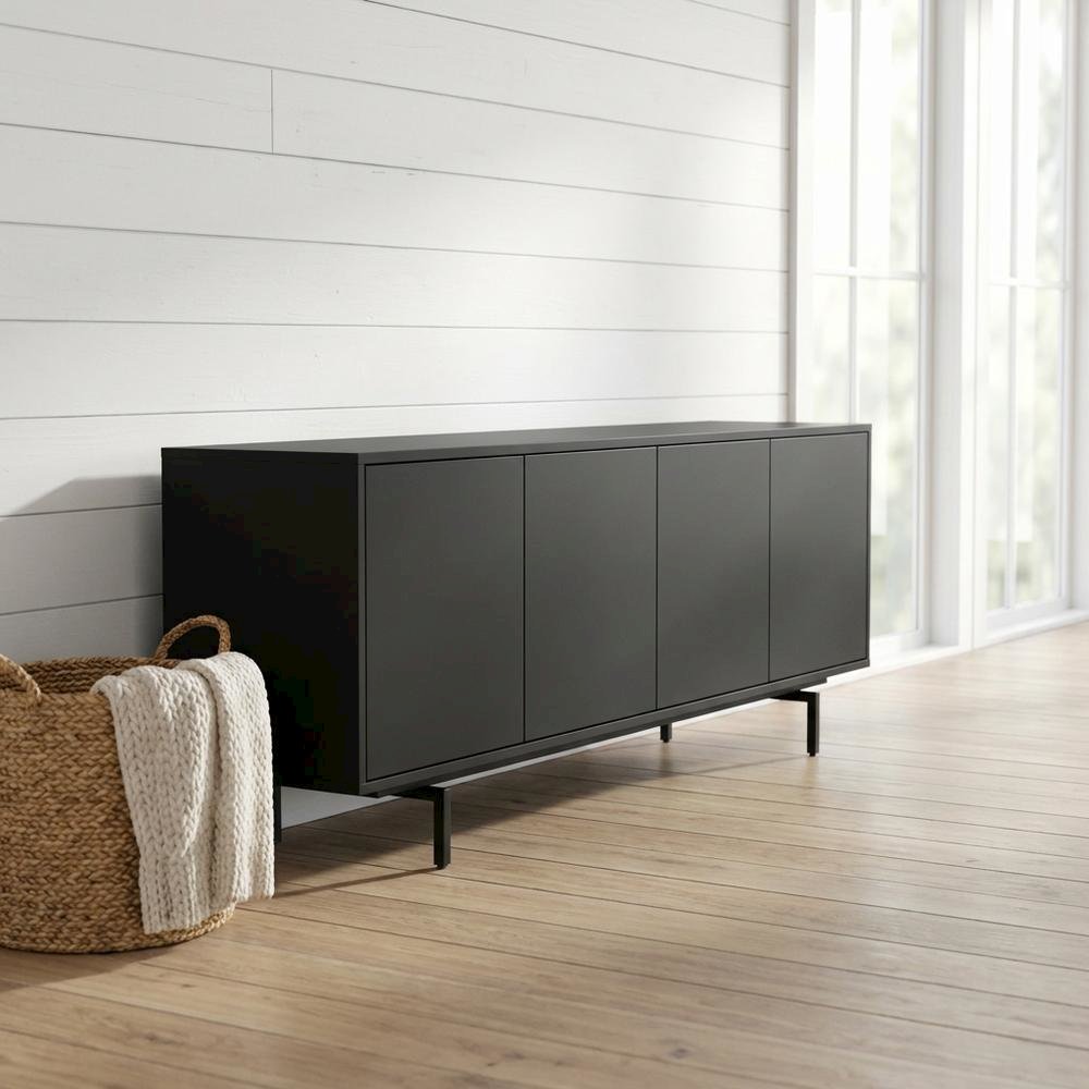 Black Laminate TV Console with Four Doors and Modern Style