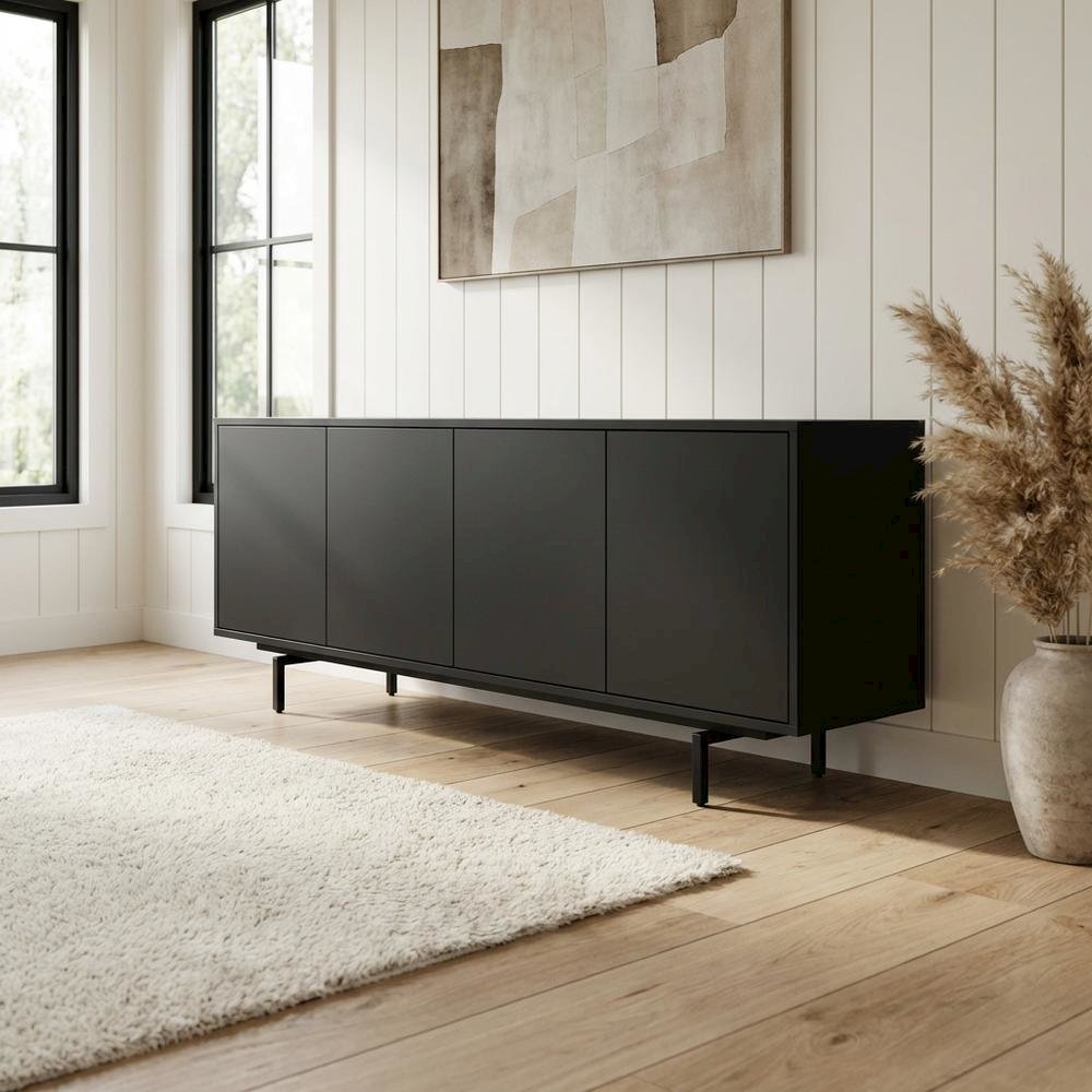 Black Laminate TV Console with Four Doors and Modern Style
