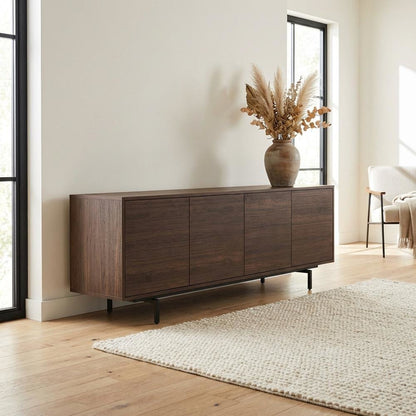 Wooden Walnut Finish TV Console with 4 Doors in Modern & Industrial Style