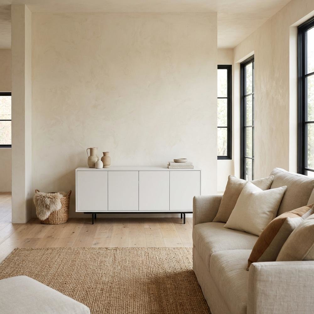 Modern White Laminate TV Console with 4 Doors in Engineered Wood