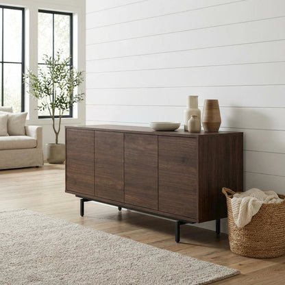 Wooden Walnut Finish TV Console with 4 Doors in Modern & Industrial Style