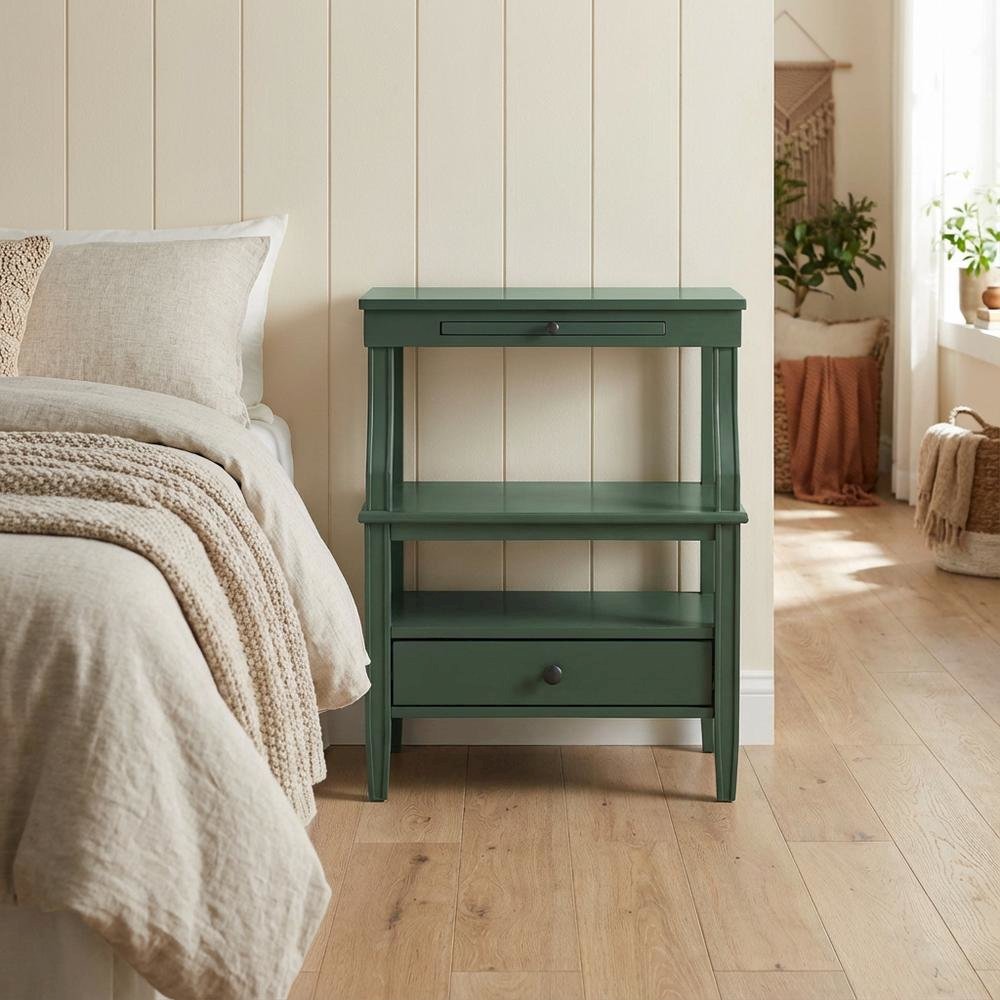 Vintage Green Storage Nightstand with Poplar Solids and Plywood Storage Space