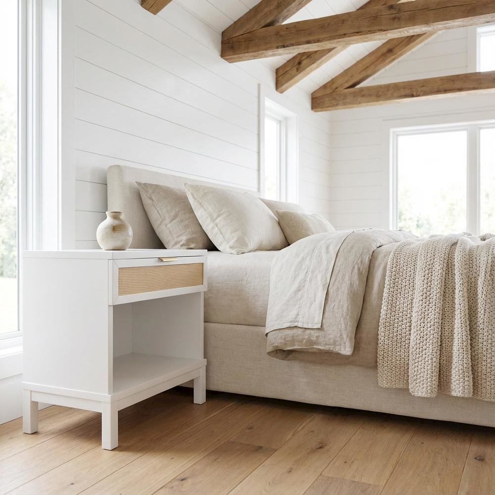 White Cane Bedroom Nightstand with 1 Drawer and Modern Design