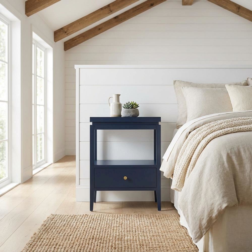 Midnight Blue Nightstand with Gold Hardware, Casual Farmhouse Style