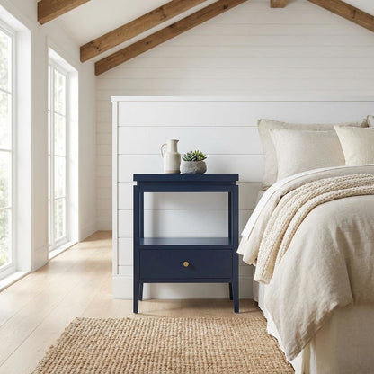 Midnight Blue Nightstand with Gold Hardware, Casual Farmhouse Style