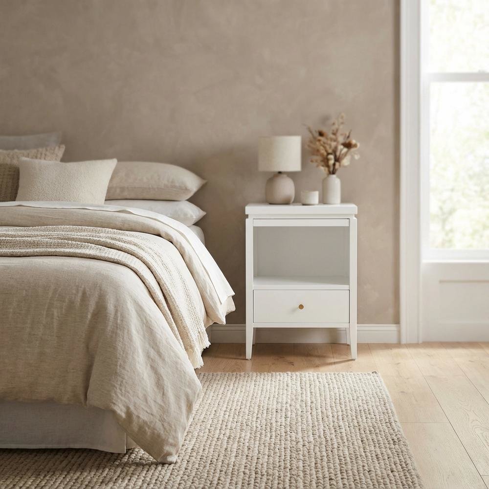 White Bedroom Nightstand, Gold Hardware, Casual, Farmhouse, Transitional Style