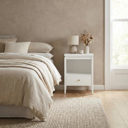 White Bedroom Nightstand, Gold Hardware, Casual, Farmhouse, Transitional Style