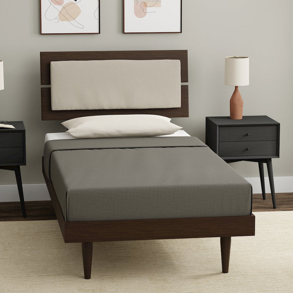 Benoni Twin Wooden Bed with Taupe Cushion Walnut