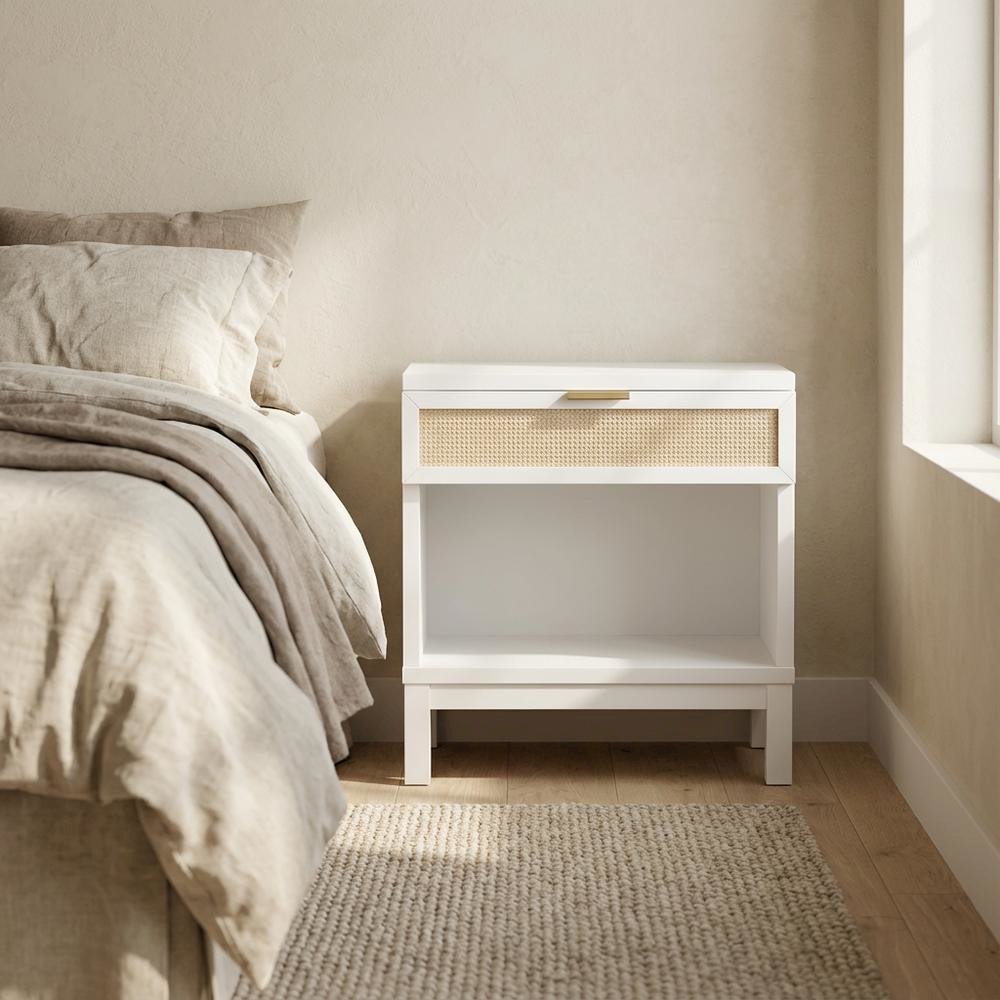 White Cane Bedroom Nightstand with 1 Drawer and Modern Design