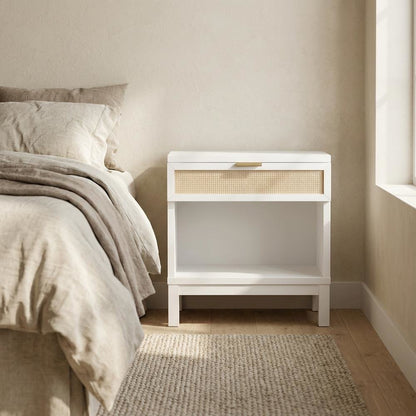 White Cane Bedroom Nightstand with 1 Drawer and Modern Design