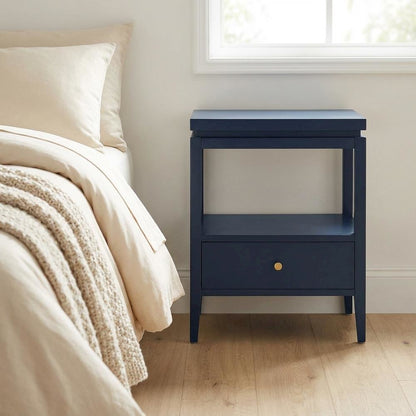 Midnight Blue Nightstand with Gold Hardware, Casual Farmhouse Style