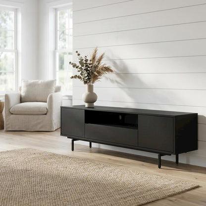 Black Laminate TV Console with 3 Doors and Modern Design