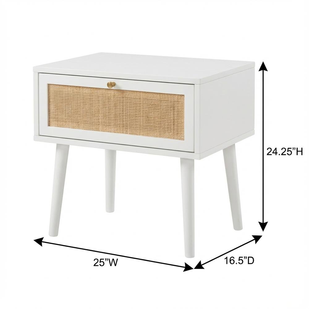 White Cane Bedroom Nightstand with 1 Drawer and Modern Design