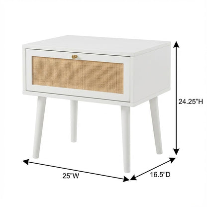White Cane Bedroom Nightstand with 1 Drawer and Modern Design