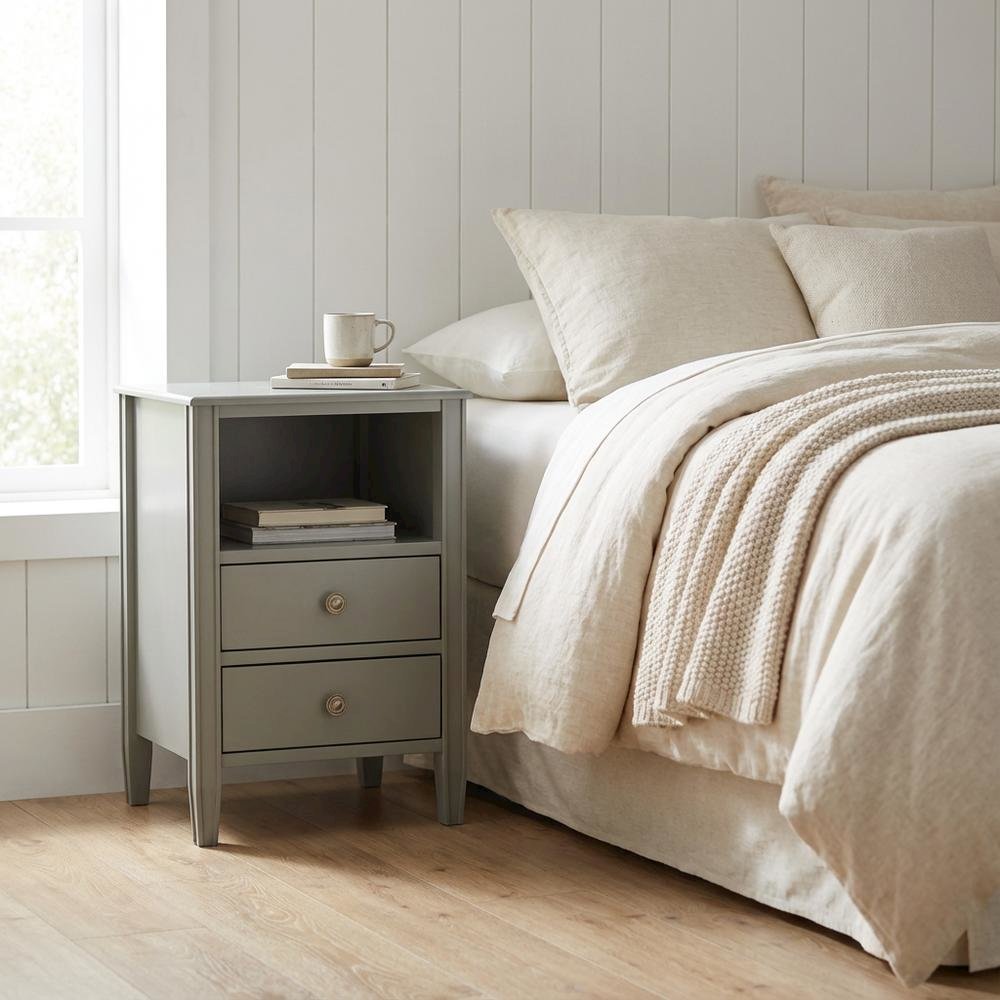 Antique Gray Nightstand with Hardware and 2 Drawers for Storage