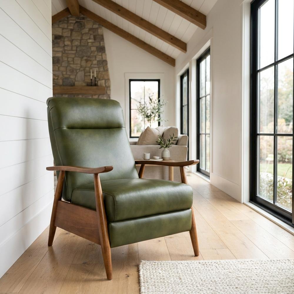 Leather-Gel Wood-Arm Push-Back Recliner Chair for Living Room, Fern Green