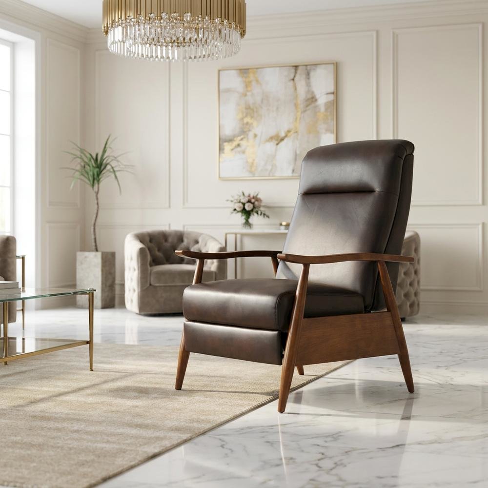 Semi-Leather Recliner Chair with Wood Arms, Push-Back for Living Room