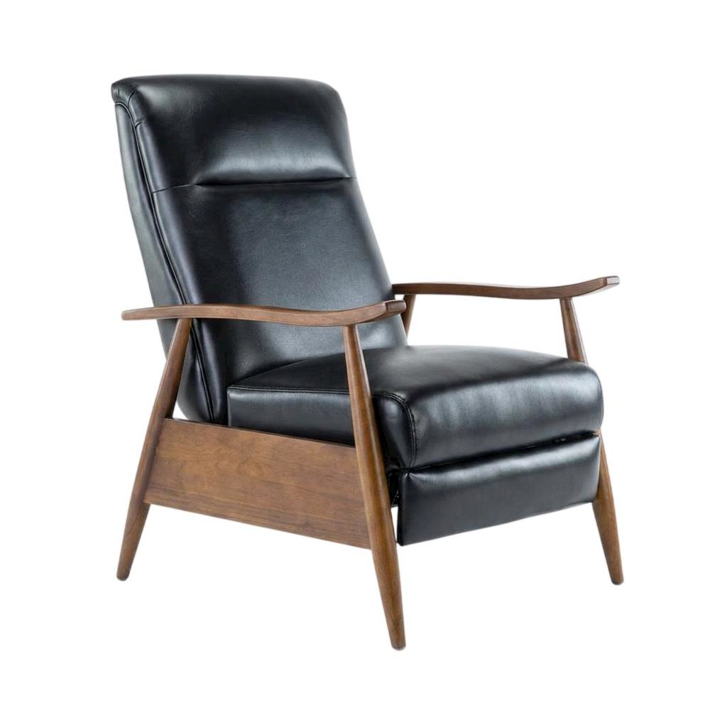 Semi-Leather Push Back Reclining Chair with Wood Arms for Living Room