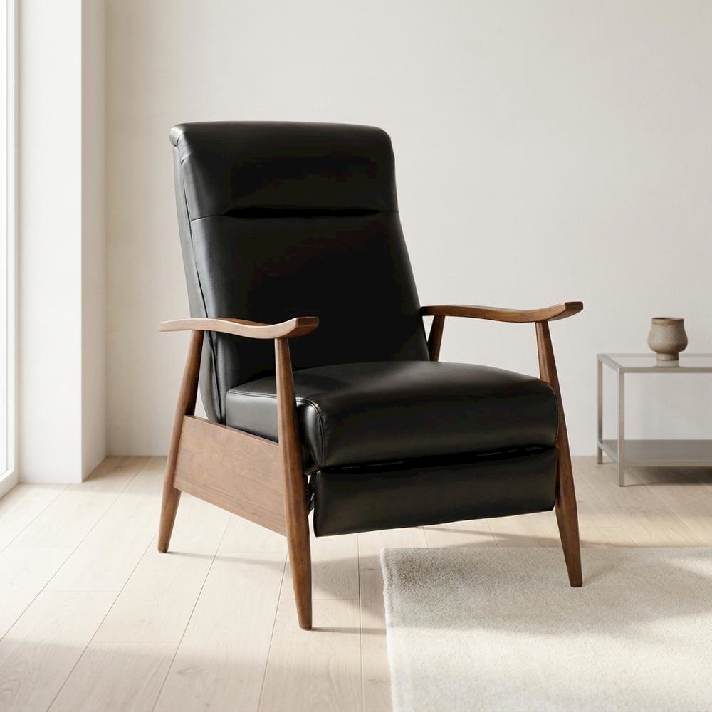 Semi-Leather Push Back Reclining Chair with Wood Arms for Living Room