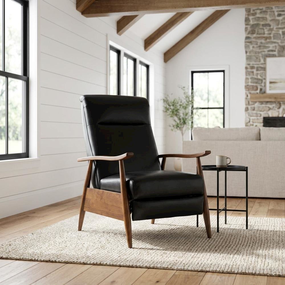Semi-Leather Push Back Reclining Chair with Wood Arms for Living Room