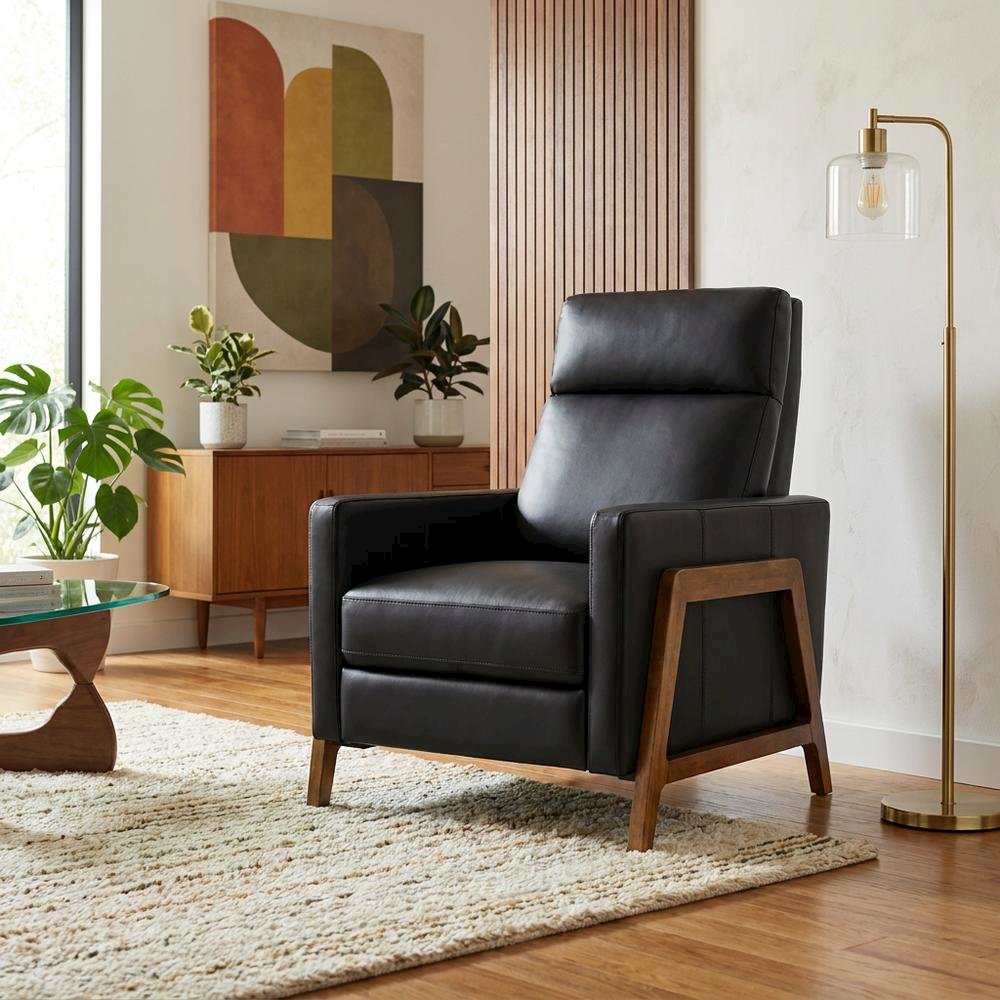 Top Grain Leather Push Back Recliner Chair with Hardwood Frame for Living Room