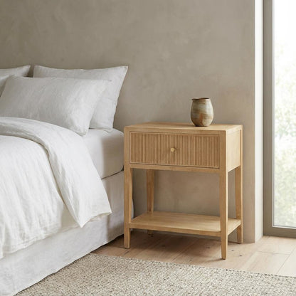 Wood Nightstand with Gold Hardware, Coastal, Scandinavian Style, Single Drawer