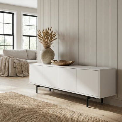 White Laminate TV Stand with 4 Doors and Modern Design