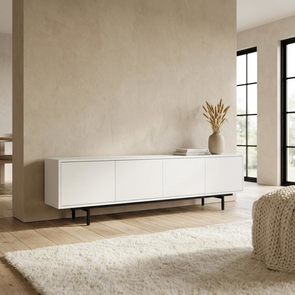 White Laminate TV Stand with 4 Doors and Modern Design