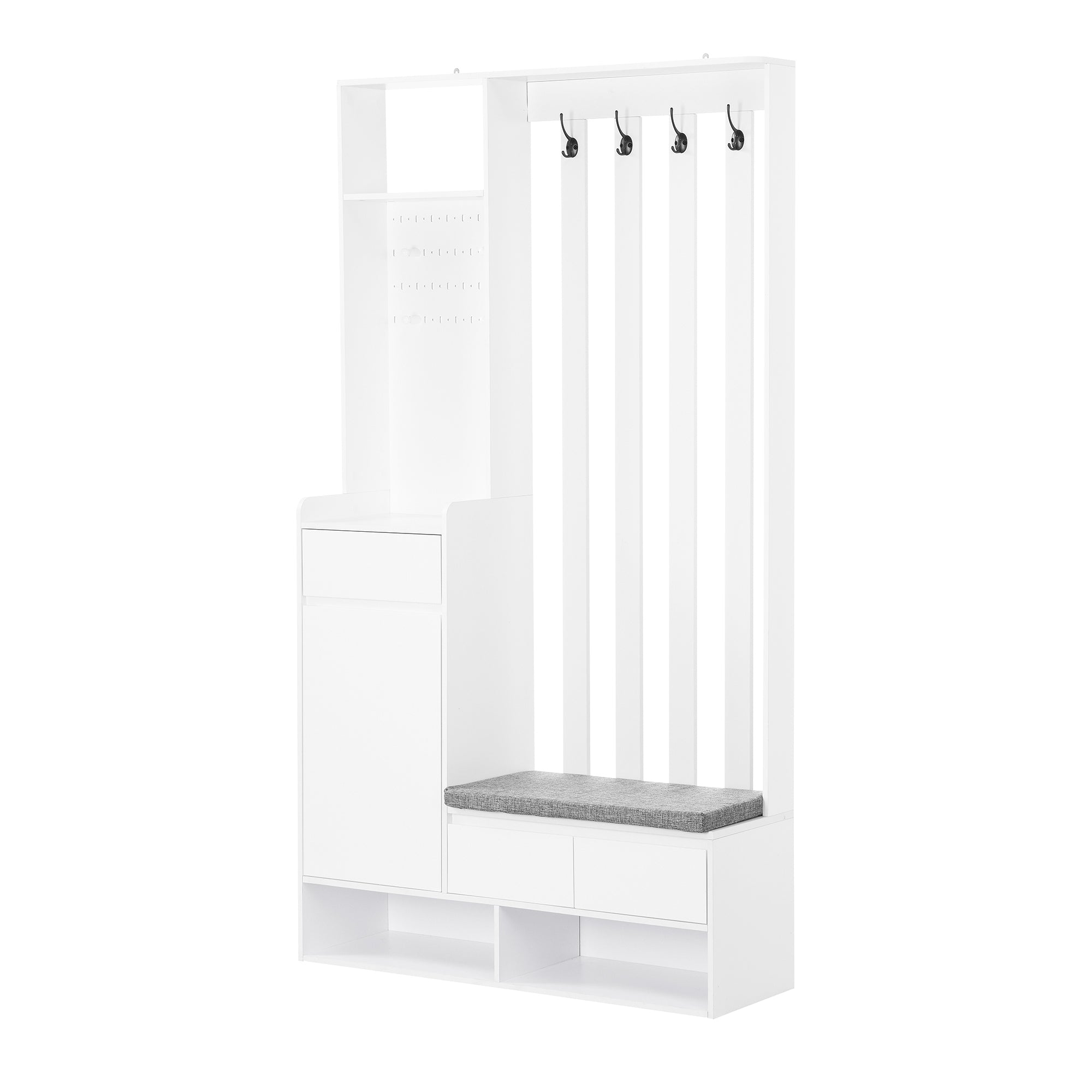 ON-TREND Contemporary 39.3''Wx70.8''H Hall Tree  Storage with Cushioned Storage Bench, Multifunctional Hallway Shoe Cabinet with Pegboard, Modern Coat Rack with 4 Hooks for Entryway, Mudroom, White