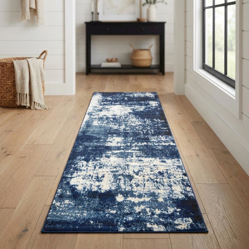 Light Blue Machine-Made Rectangle Runner with Cut Pile Design