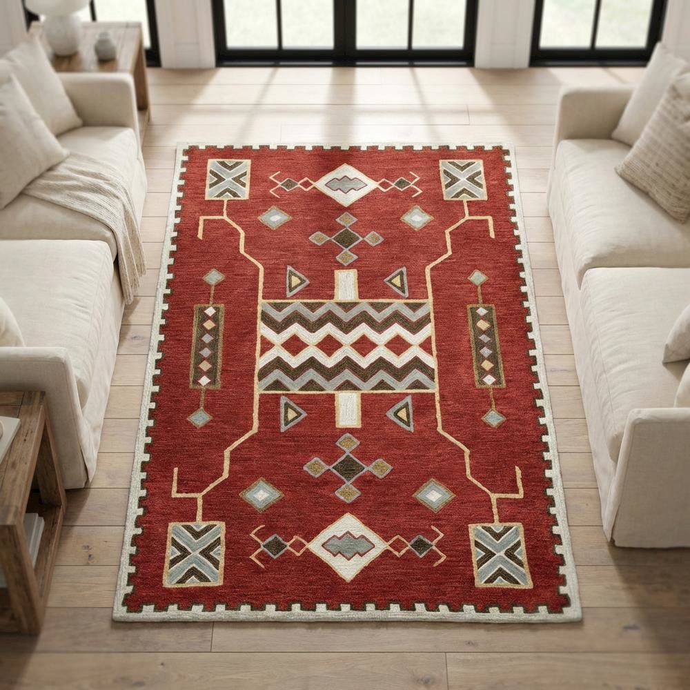 Red Wool Loop Pile Area Rug with Hand Tufted Southwest Design