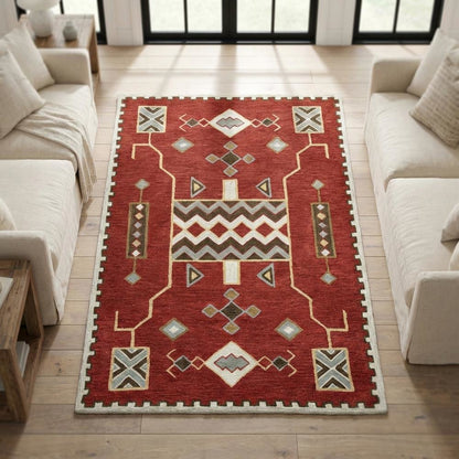 Red Wool Loop Pile Area Rug with Hand Tufted Southwest Design