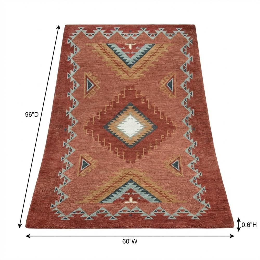Rust Hand Tufted Wool Area Rug with Southwest Design, 5' x 8'