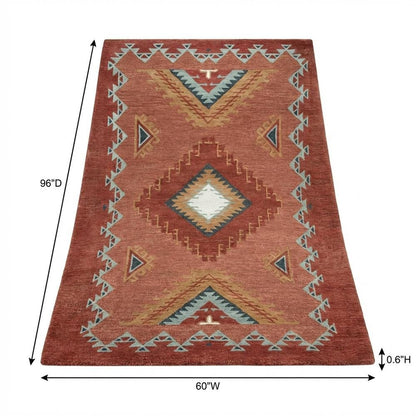 Rust Hand Tufted Wool Area Rug with Southwest Design, 5' x 8'