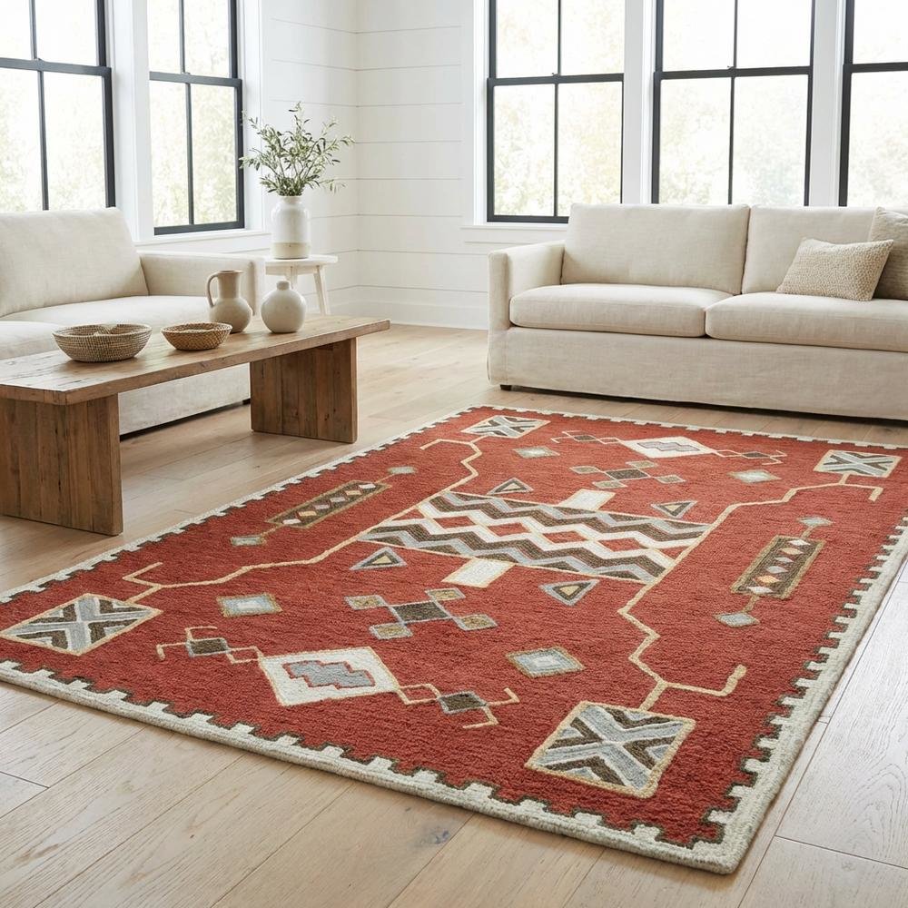 Red Wool Loop Pile Area Rug with Hand Tufted Southwest Design