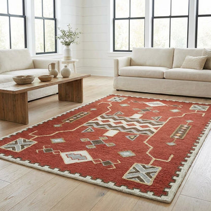 Red Wool Loop Pile Area Rug with Hand Tufted Southwest Design