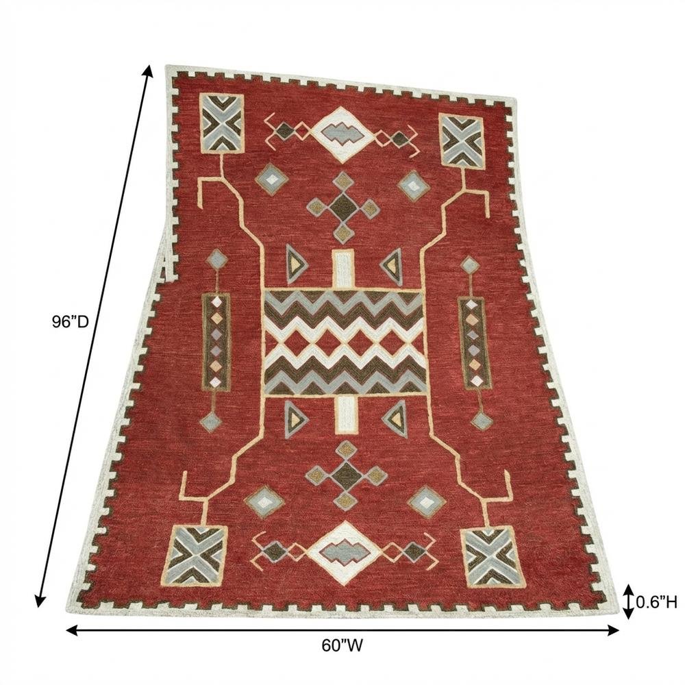Red Wool Loop Pile Area Rug with Hand Tufted Southwest Design