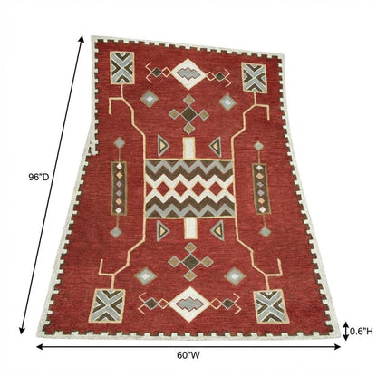 Red Wool Loop Pile Area Rug with Hand Tufted Southwest Design