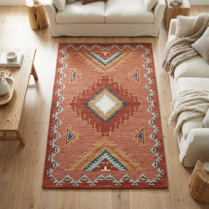 Rust Hand Tufted Wool Area Rug with Southwest Design, 5' x 8'