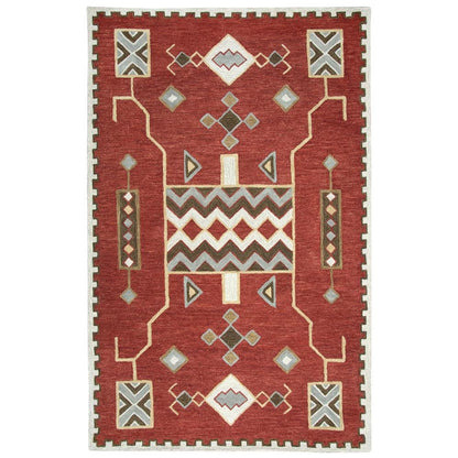 Red Wool Loop Pile Area Rug with Hand Tufted Southwest Design