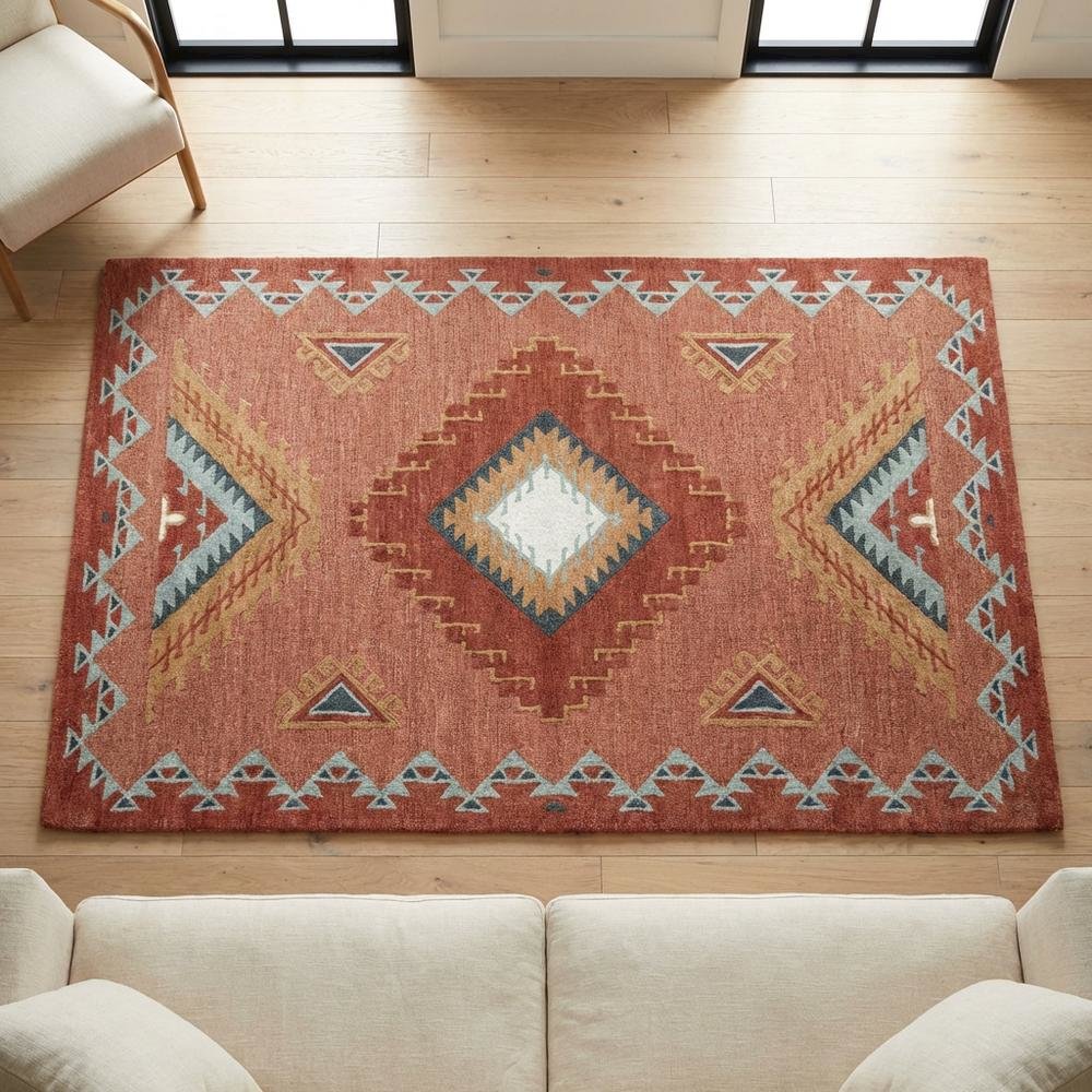 Rust Hand Tufted Wool Area Rug with Southwest Design, 5' x 8'