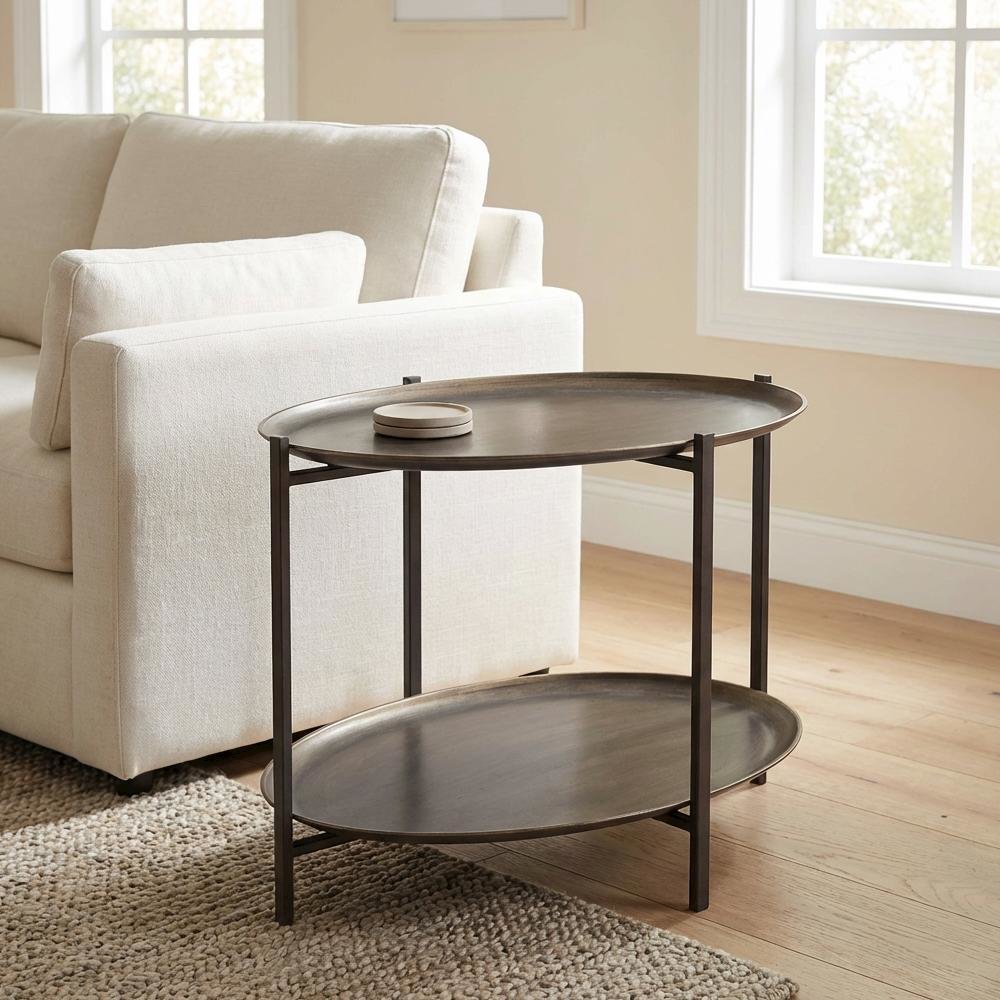 Brown Steel Coffee Table with Round Top and Dual Shelves, Modern Design