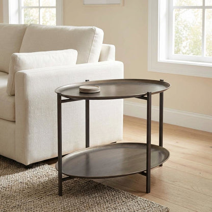 Brown Steel Coffee Table with Round Top and Dual Shelves, Modern Design