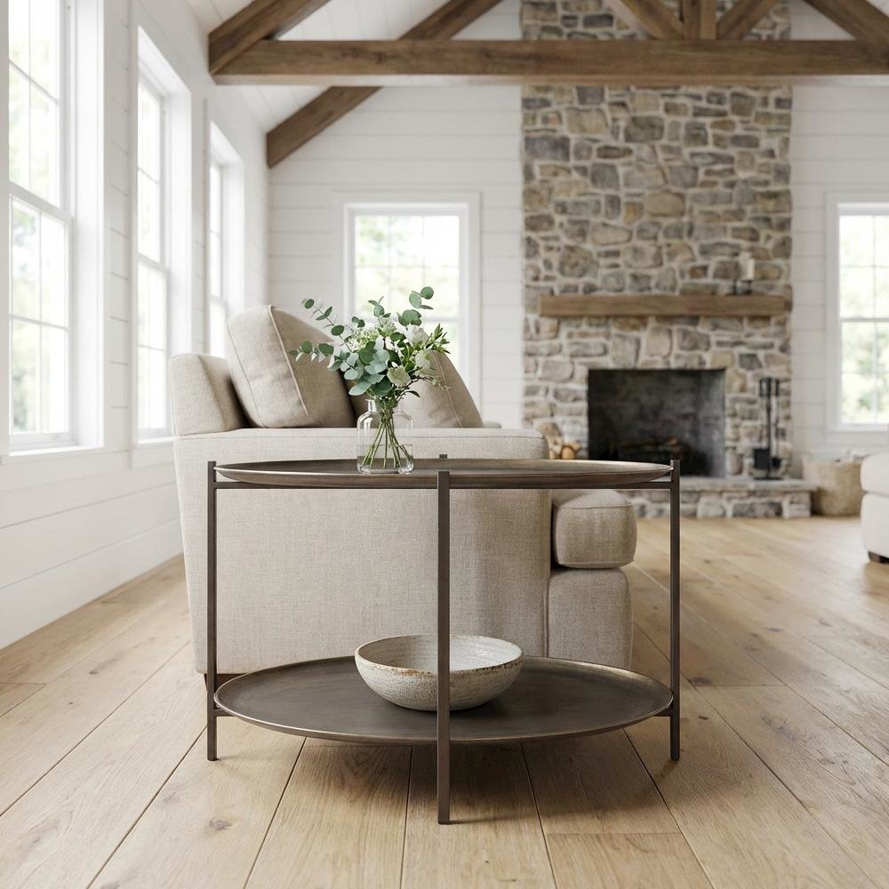 Brown Steel Coffee Table with Round Top and Dual Shelves, Modern Design